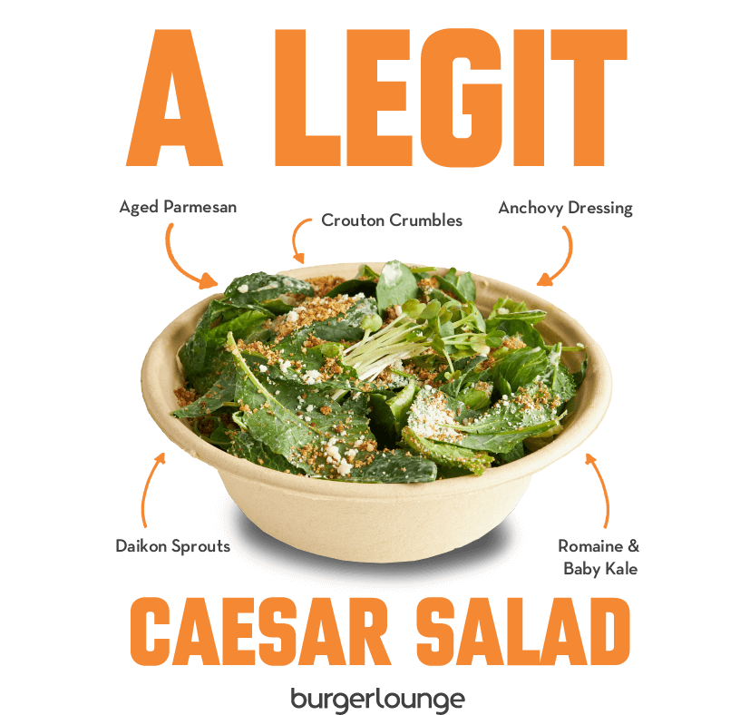 Promotional image of the Burger Lounge Caesar Salad pointing out ingredients on the salad - Mobile Version