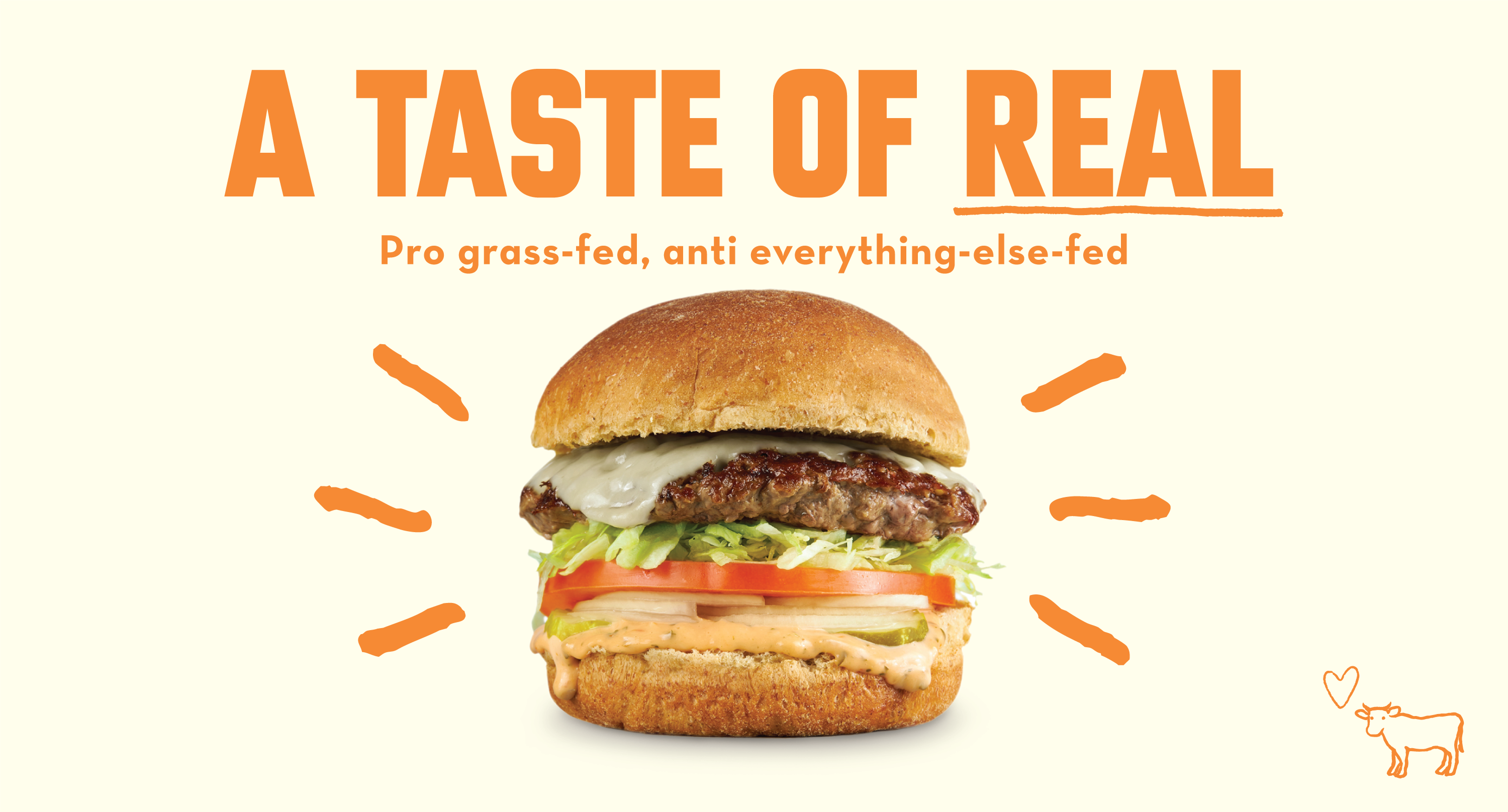 A Grss-Fed Burger with text around it saying 