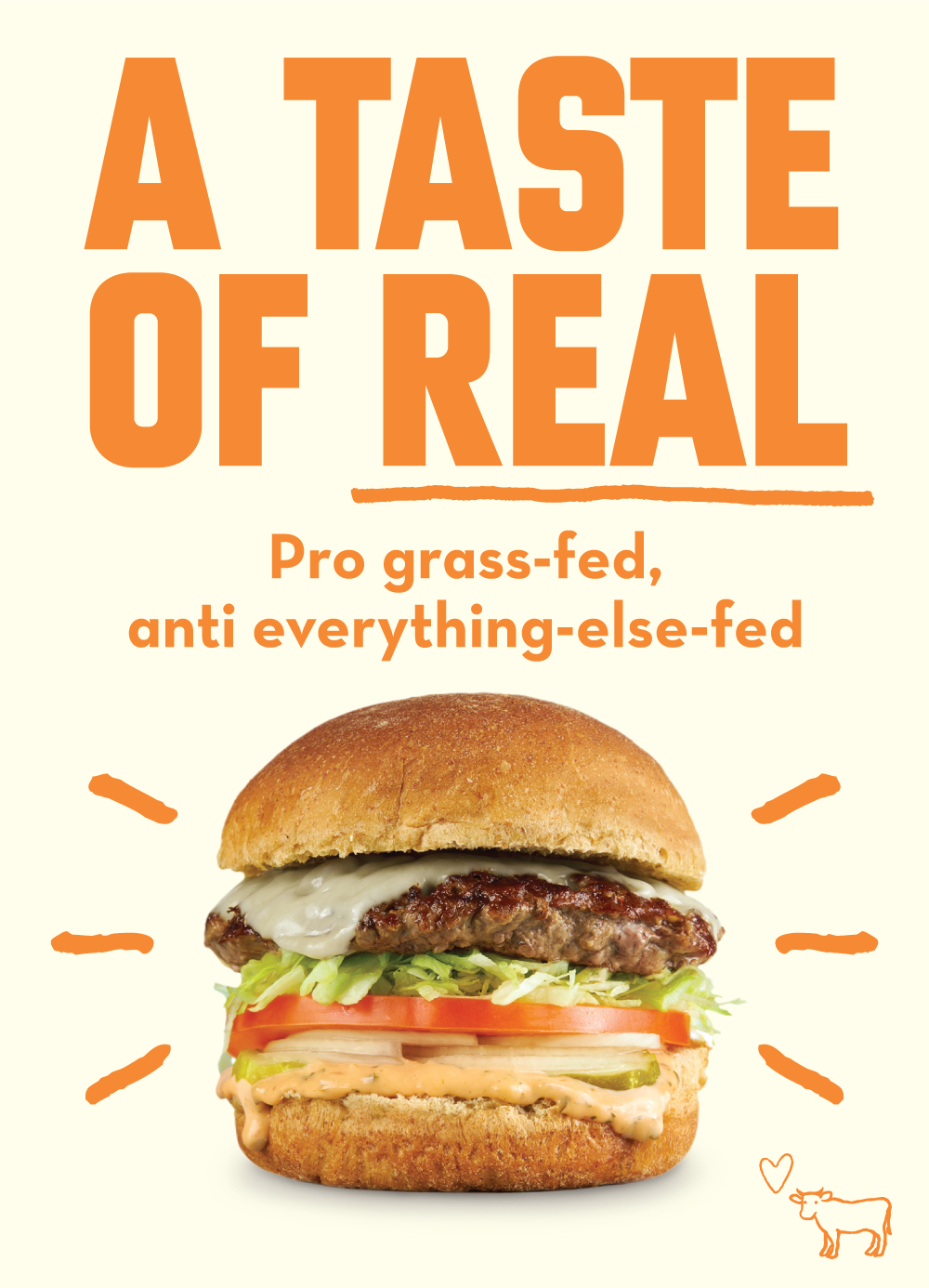 A Grss-Fed Burger with text around it saying 