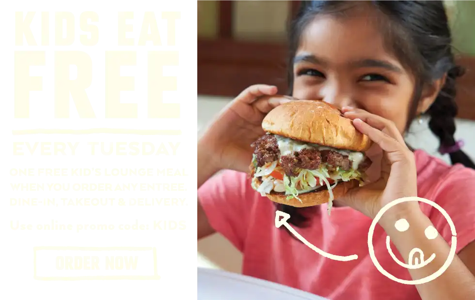 Promotional Image for the Kids Eat Free at Burger Lounge promotion, with text reading 